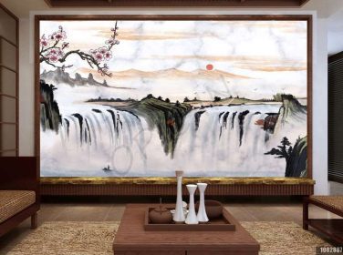دانلود طرح کاغذ دیواری دیوار پس زمینه چشم انداز آبشار سبک چینی جدید