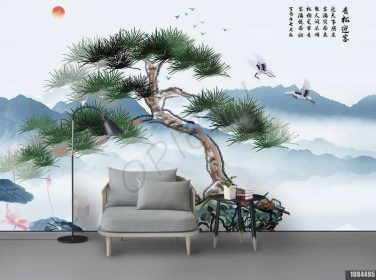 دانلود طرح کاغذ دیواری دستمال با جوهر سبک چینی رنگ huangshan نقاشی شده استقبال از کاج دیواره پس زمینه آب کوه