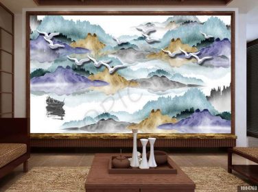 دانلود طرح کاغذ دیواری سبک چینی نقاشی منظره زیبا خلاق پرواز پرنده دیواری پس زمینه تلویزیون قایق.