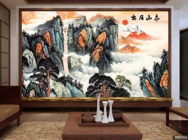 دانلود طرح کاغذ دیواری سبک چینی چشم انداز نقاشی چینی مناظر زیبای taishan طوفان دیوار پس زمینه تلویزیون