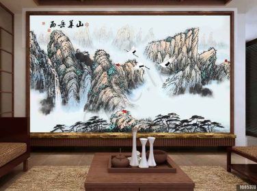 دانلود طرح کاغذ دیواری چشم انداز جوهر سبک چینی ، دیوار پس زمینه تلویزیون مناظر xiyue huashan