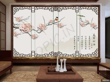 دانلود طرح کاغذ دیواری جدید به سبک چینی دست نقاشی شده با الگوی پنجره الگوی واقعی گل پرنده کوه شعر تلویزیون پس زمینه تلویزیون