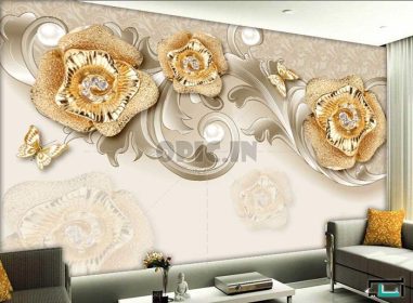 دانلود طرح کاغذ دیواری فضای لوکس اصلی دیوار طلای گل رز طلایی