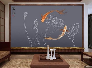 دانلود طرح کاغذ دیواری جدید به سبک چینی دست دیواری پس زمینه تلویزیون ماهی مرکب نیلوفر آبی کشیده شده است