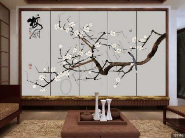 دانلود طرح کاغذ دیواری جدید با سبک چینی با رنگ دیواری پس زمینه گل تزئین شده است