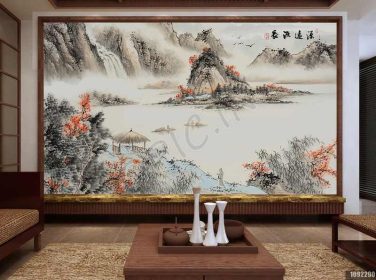 دانلود طرح کاغذ دیواری به سبک چینی منبع آب کوهستان جریان طولانی دیوار پس زمینه نقاشی چینی