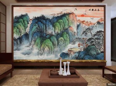 دانلود طرح کاغذ دیواری تزئین جوهر سبک چینی چشم انداز نقاشی چینی taishan zhaohui دیوار پس زمینه تلویزیون