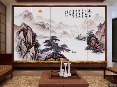 دانلود طرح کاغذ دیواری نقاشی چشم انداز جدید چینی کوه استقبال از دیوار پس زمینه کاج