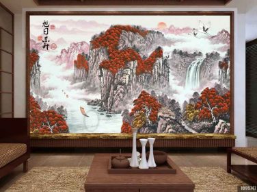دانلود طرح کاغذ دیواری نقاشی چینی به سبک چینی ، آب و ثروت ، طلوع آفتاب ، دیوار پس زمینه تلویزیون dongsheng