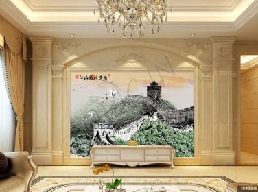 دانلود طرح کاغذ دیواری نقاشی چینی به سبک چینی ، رودخانه کوهستانی باشکوه ، دیوار عالی ، پس زمینه