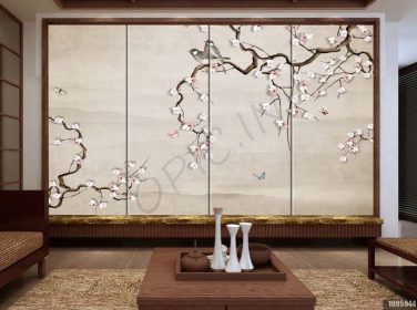 دانلود طرح کاغذ دیواری آلو نقاشی شده دست آویز به سبک جدید چینی قلم گل تزئینی دکوراسیون دیوار پرنده (1)