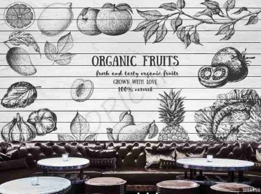 دانلود طرح کاغذ دیواری نقشه کشیده شده طرح میوه پس زمینه دیوار از تخته های چوبی