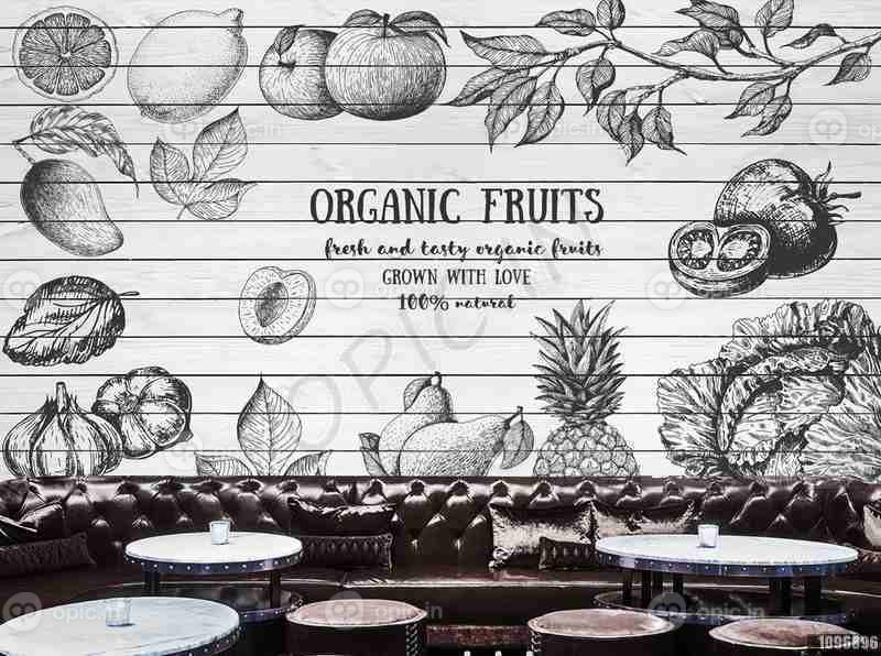 دانلود طرح کاغذ دیواری نقشه کشیده شده طرح میوه پس زمینه دیوار از تخته های چوبی