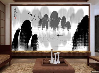دانلود طرح کاغذ دیواری دیوار نقاشی چشم انداز ذن سیاه و سفید چینی جدید