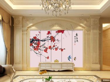 دانلود طرح کاغذ دیواری دست جدید چینی با گل دقیق و گلدار و دیوار پس زمینه پرنده نقاشی شده است