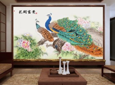 دانلود دستمال جوهر سبک چینی نقاشی شده از گل دقیق و پر گل غنی از دیوار پس زمینه طاووس