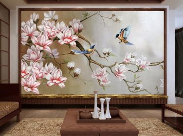 دانلود نقاشی با قلم به سبک چینی دست قلم و گل و پرنده دیوار پس زمینه ماگنولی