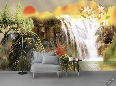دانلود طرح کاغذ دیواری چینی منظره زیبا نقاشی آبشار آبشار پروانه سفید گوزن سفید جرثقیل دیوار زمینه