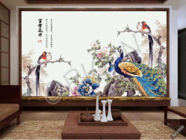 دانلود طرح کاغذ دیواری ‘نقاشی سنتی چینی ، گل ظریف گل صد تومانی ، دیوار زمینه طاووس ‘