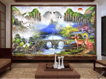 دانلود طرح کاغذ دیواری ‘نقاشی منظره چینی ، جرثقیل سفید ، پرنده پرنده ، گوزن ، قو ، دیوار زمینه تلویزیون ‘