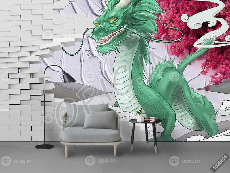 دانلود طرح کاغذ دیواری 3D دیوار دوتایی اژدها شکسته پس زمینه دیوار