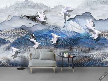 دانلود طرح کاغذ دیواری آبی مدرن دور کوه جنگل انعکاس پرنده برجسته دیوار زمینه