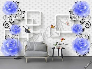 دانلود طرح کاغذ دیواری دیوار زمینه آبی گل 3D