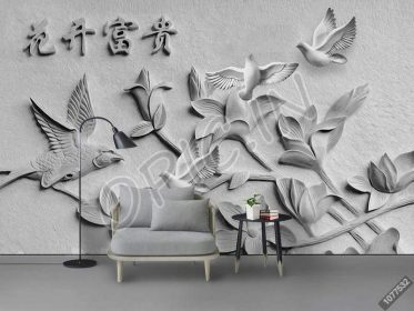 دانلود طرح کاغذ دیواری دیوار پس زمینه برجسته گل و پرنده مدرن 3D گل پرنده ماسه سنگ تلویزیون دیوار زمینه