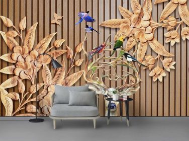 دانلود گل منبت کاری های مدرن گل دانه های چوبی 3D دیوار پس زمینه تلویزیون پرنده فاو