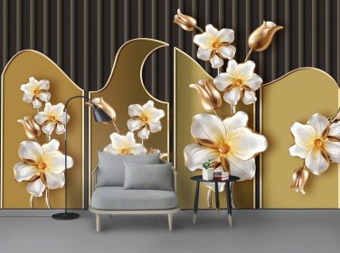دانلود مدرن مینیمالیستی 3D استریو گل دیواری آینه طلا پس زمینه تلویزیون