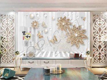 دانلود طرح کاغذ دیواری جین اروپایی سه بعدی لوکس گل الماس جواهرات تلویزیون پس زمینه سفارشی سازی دیوار