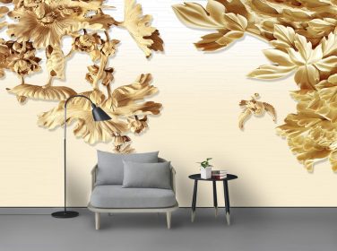 دانلود مدرن مینیمالیستی 3D درخت طلای سه بعدی پرواز پرنده برجسته دیوار پس زمینه تلویزیون