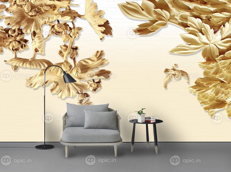 دانلود مدرن مینیمالیستی 3D درخت طلای سه بعدی پرواز پرنده برجسته دیوار پس زمینه تلویزیون