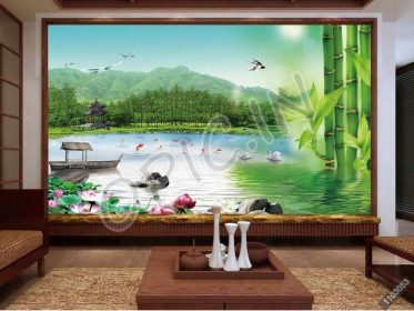 دانلود طرح کاغذ دیواری قایق نیلوفر آبی دیوار زمینه پرنده اتاق زیر شیروانی بامبو سبز
