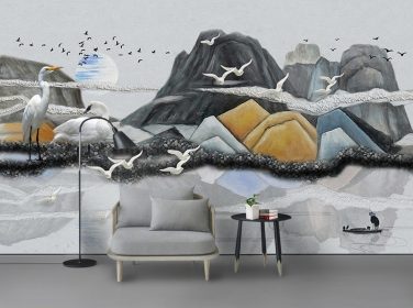دانلود نقاشی مدرن روغن ، کوه ها ، پرندگان ، چشم انداز هنری ، دیوار پس زمینه تلویزیون