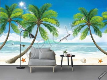 دانلود طرح کاغذ دیواری نقاشی تزئینی دیوار کنار دریا ساحلی درخت نارگیل مینیمالیستی مدرن
