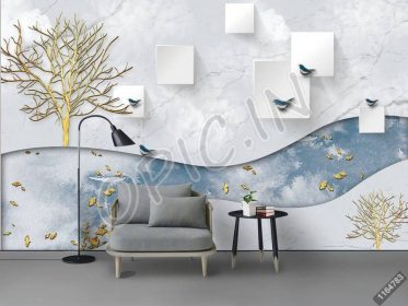 دانلود طرح کاغذ دیواری مد مدرن 3D درخت طلایی سه بعدی دیوار اتاق نشیمن ساده
