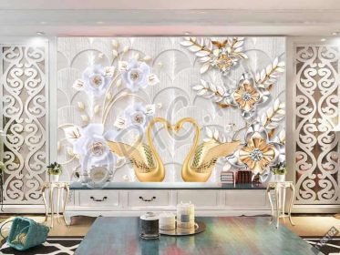 دانلود طرح کاغذ دیواری به سبک جواهرات گل کریستال دیوار غاز طلایی