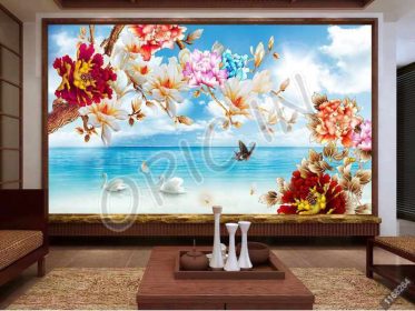 دانلود طرح کاغذ دیواری دیوار چینی دریای آبی به سبک چینی و گل غنی آبی