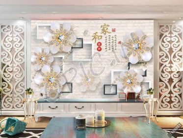 دانلود طرح کاغذ دیواری خانه و گل غنی سه بعدی دیوار جواهرات لوکس مدرن
