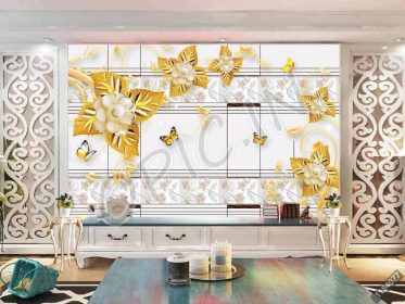 دانلود طرح کاغذ دیواری نوردیک لوکس سه بعدی گل پروانه پروانه گل جواهر زمینه دیوار