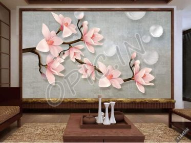 دانلود طرح کاغذ دیواری سبک چینی شاخه های درخت ماگنولیا صورتی صورتی قطره های آب دیوار زمینه خاکستری
