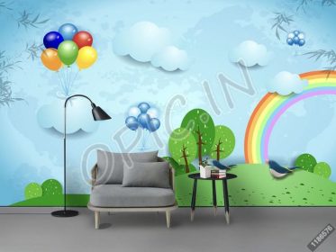 دانلود طرح کاغذ دیواری اتاق کودکان آبی کارتون علفزار رنگین کمان بالون رنگ ابر درخت پس زمینه دیوار کپی