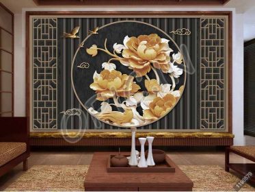 دانلود طرح کاغذ دیواری گلدان گل صد تومانی برجسته گل کلاسیک چینی اتاق نشیمن دیوار پس زمینه تلویزیون