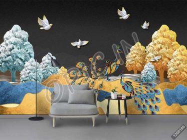 دانلود طرح کاغذ دیواری مد مدرن قله های کوه خلاق دیوار درخت بقاع طاووس تلویزیون پس زمینه دیوار