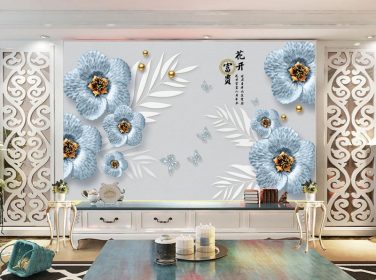 دانلود گلهای جواهرات آبی مدرن مد ، پس زمینه دیوار مروارید پروانه ای را ترک می کنند