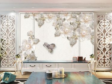 دانلود گل مروارید مدرن جواهر گل مروارید 3D دیوار پس زمینه پروانه