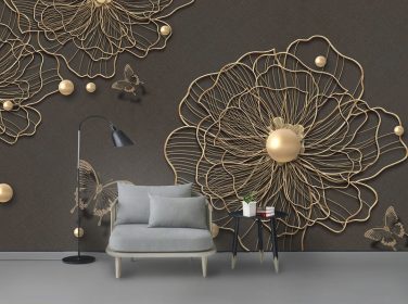 دانلود مدرن 3 بعدی فلزی زیبا با آهن فرفورژه گل مروارید دیوار پس زمینه پروانه