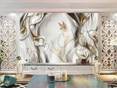 دانلود طرح کاغذ دیواری دیوار زمینه ای برجسته پروانه ای نگین زنبق طلای تزئینی 3D مدرن