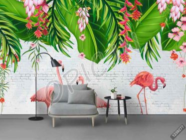 دانلود طرح کاغذ دیواری نوردیک گیاه گرمسیری سبز و گرم گل زمینه فلامینگو
